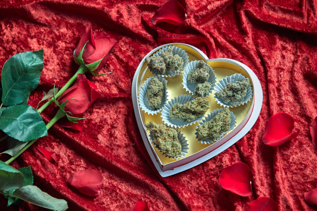 Weed nugs in a candy heart chocolate box