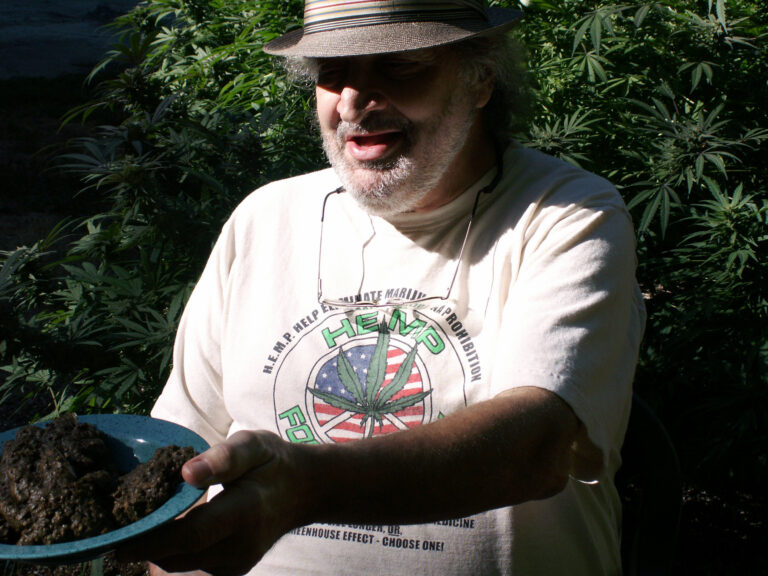 Click to see a larger version of the image Jack Herer holding a plate of homemade cannabis cookies in his garden