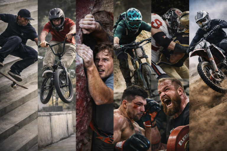Skateboarding, BMX, climbing, mountain biking, combat sports, and motorsports