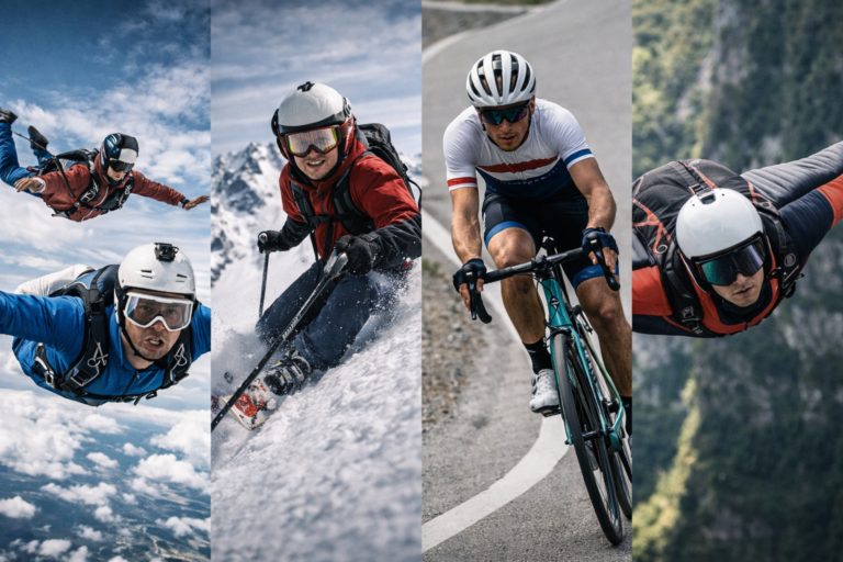 Skydiving, downhill skiing, cycling, wingsuit flying