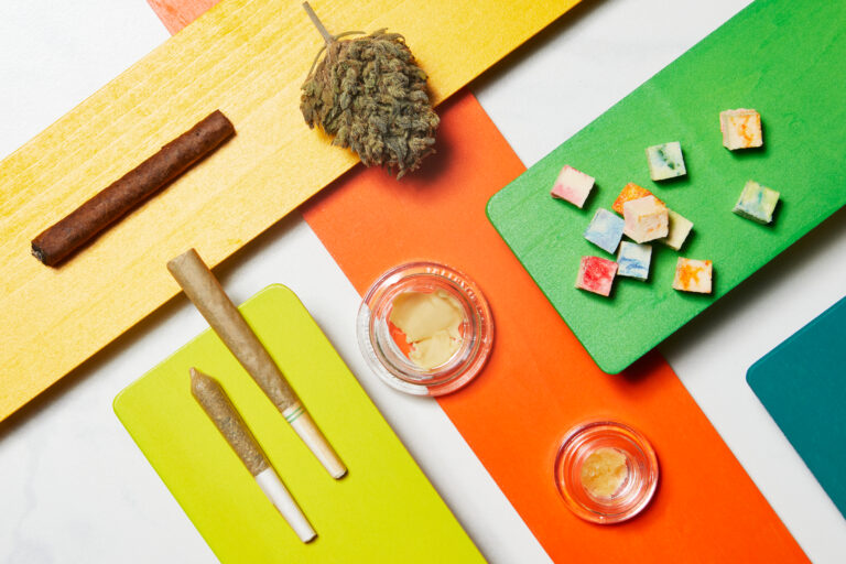 Cannabis products on colorful background