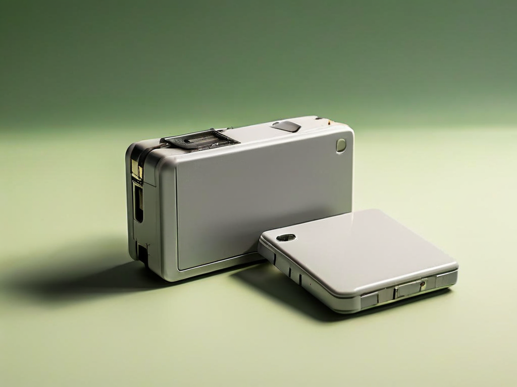 Memory card, sealed external drive, and empty photo sleeve on gray surface for archive review.