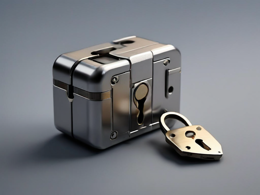 Small metal lock, closed key case, and blank security card arranged on a matte gray surface, symbolizing account safety...