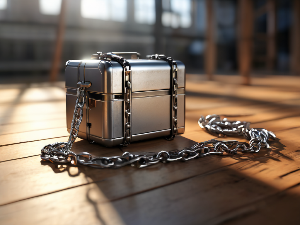 A metal storage case with a chain and scattered blocks on a brushed surface, representing secure file submission addresses.