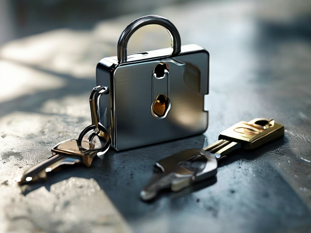 Metal lock, key case, and blank security card on brushed metal surface for account safety metaphor.