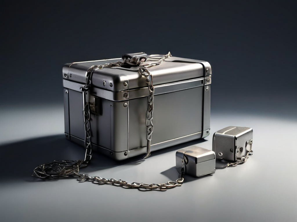 A sealed metal case with a short chain and small block pieces on a gray studio surface.