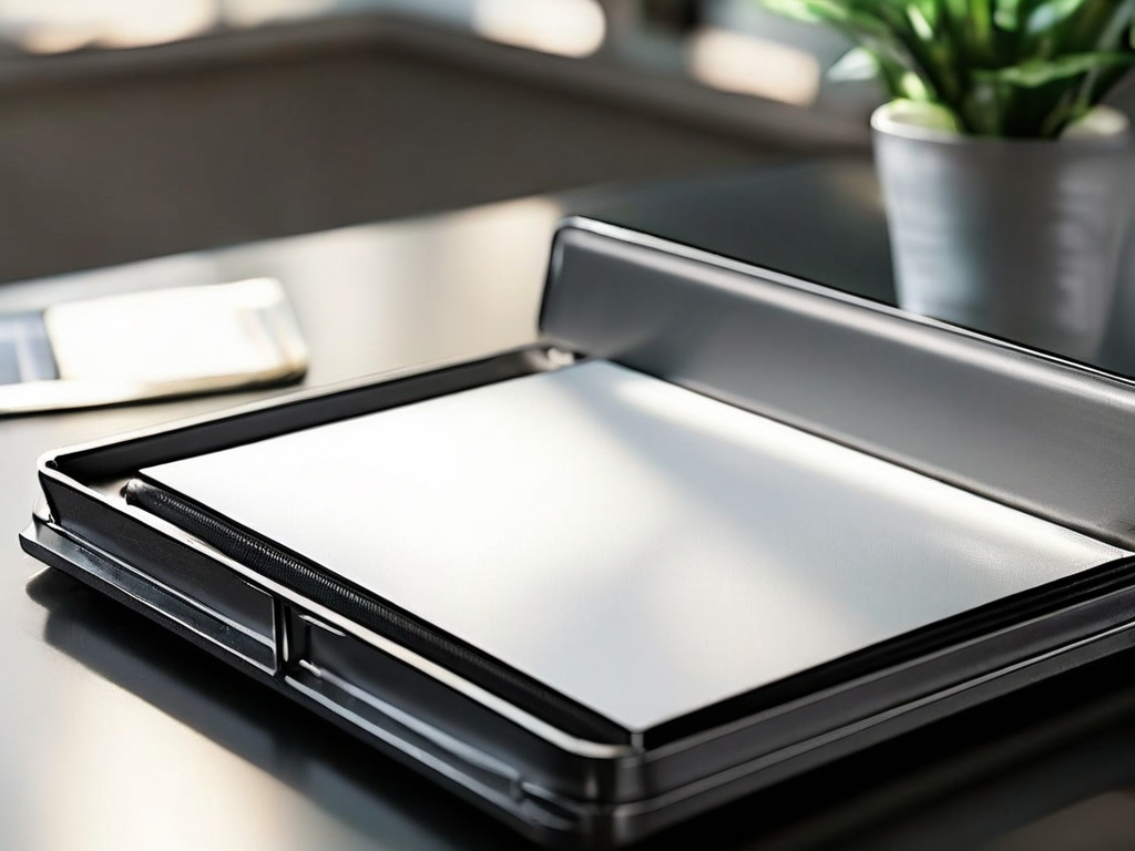Blank divider cards and a compact storage tray on brushed metal, lit by angled morning daylight, with shallow depth of field.