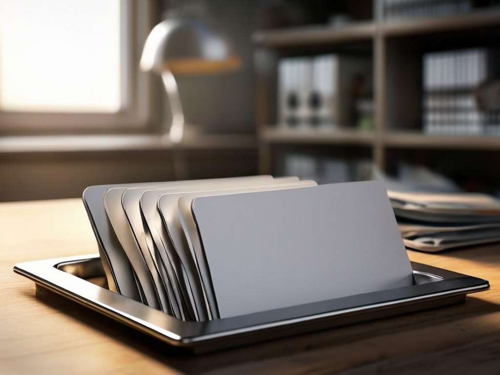Blank divider cards and a compact storage tray on a brushed metal surface, angled morning daylight, shallow depth of field.