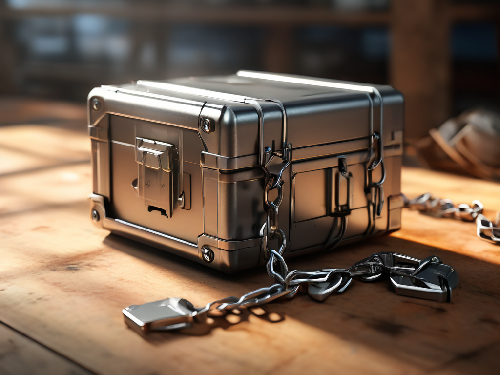 A sealed metal case with a short chain sits beside small blocks on a brushed surface, representing secure file locations.