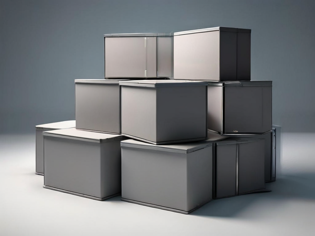 Gray archive boxes with empty compartment inserts organized on a studio surface, representing data filtering levels.