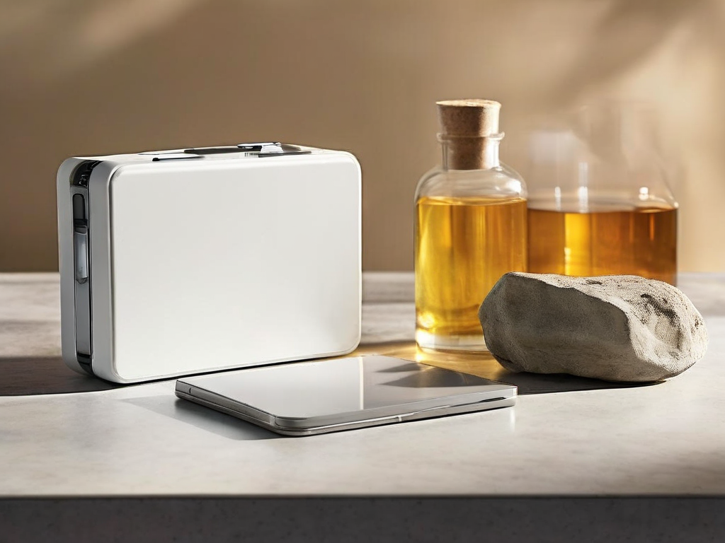 Memory card, external drive, and photo sleeve on stone counter.