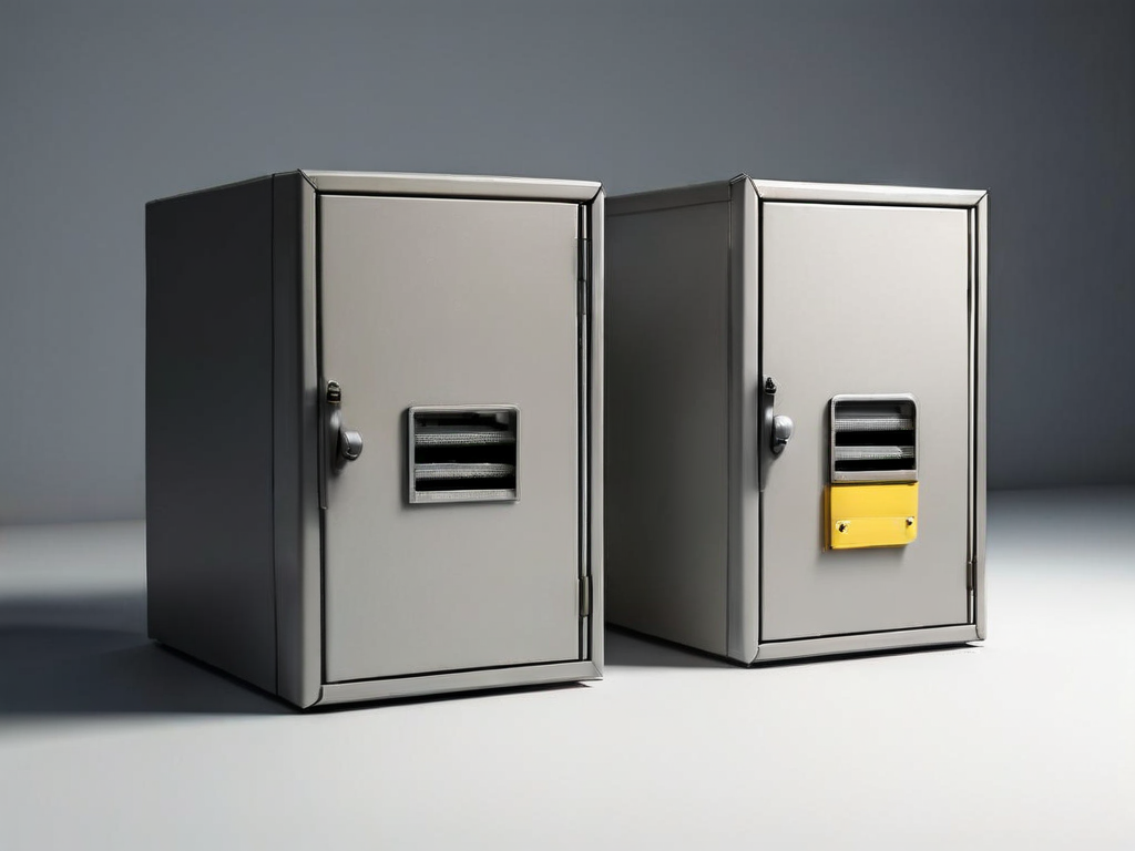 Two sealed archive boxes with red and green lock indicators on a gray studio surface.
