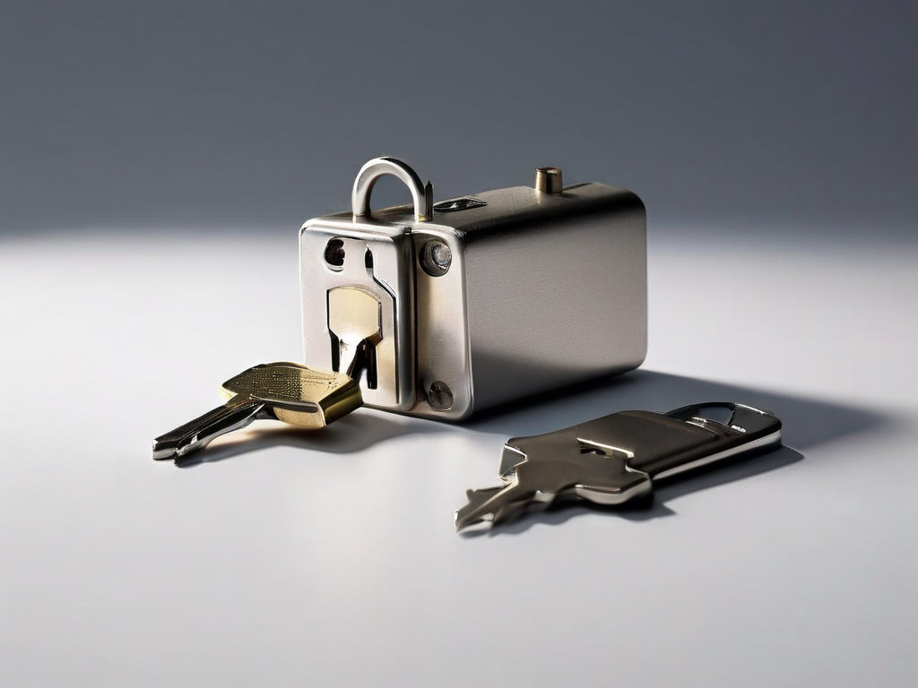 Small metal lock, closed key case, and blank security card on matte gray surface for account safety.