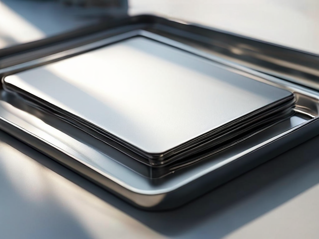 Blank divider cards in a compact storage tray on a brushed metal surface, with angled morning light and shallow depth of field.