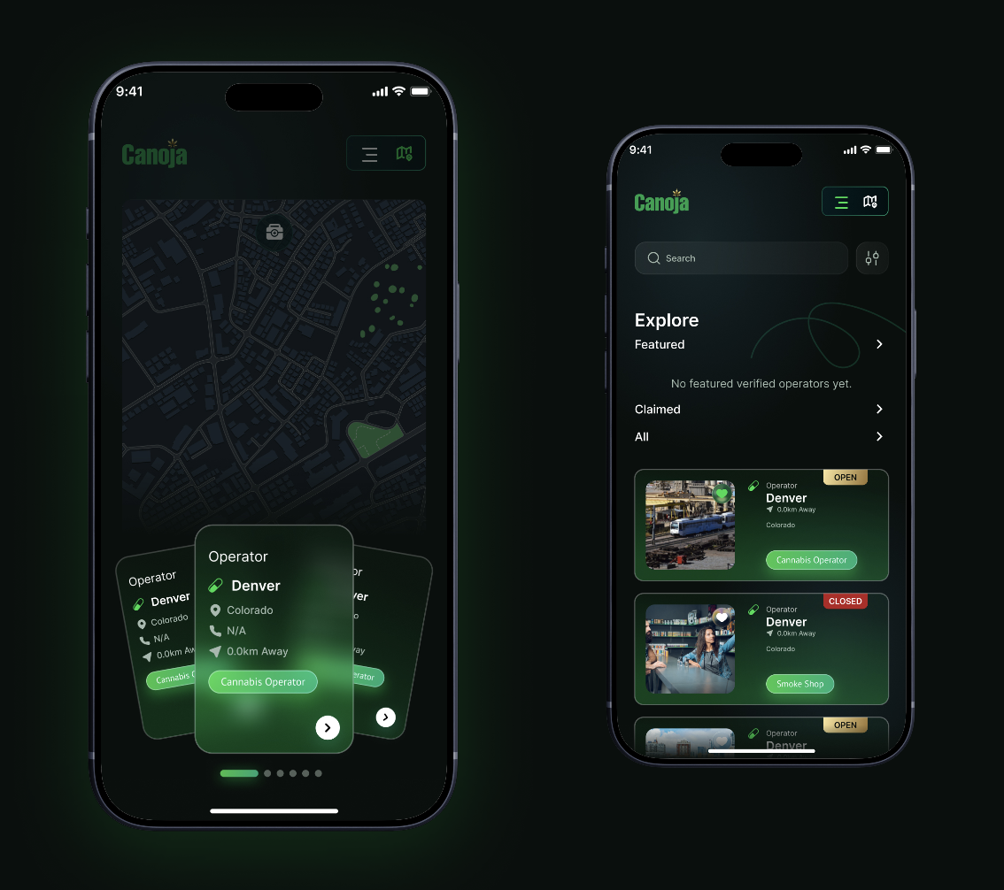 Canoja mobile app showing cannabis operator discovery and license information