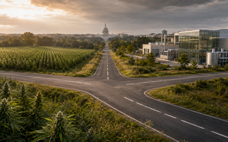 Editorial illustration accompanying US Cannabis at a Crossroads