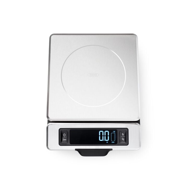 OXO stainless steel food scale with pull-out display.