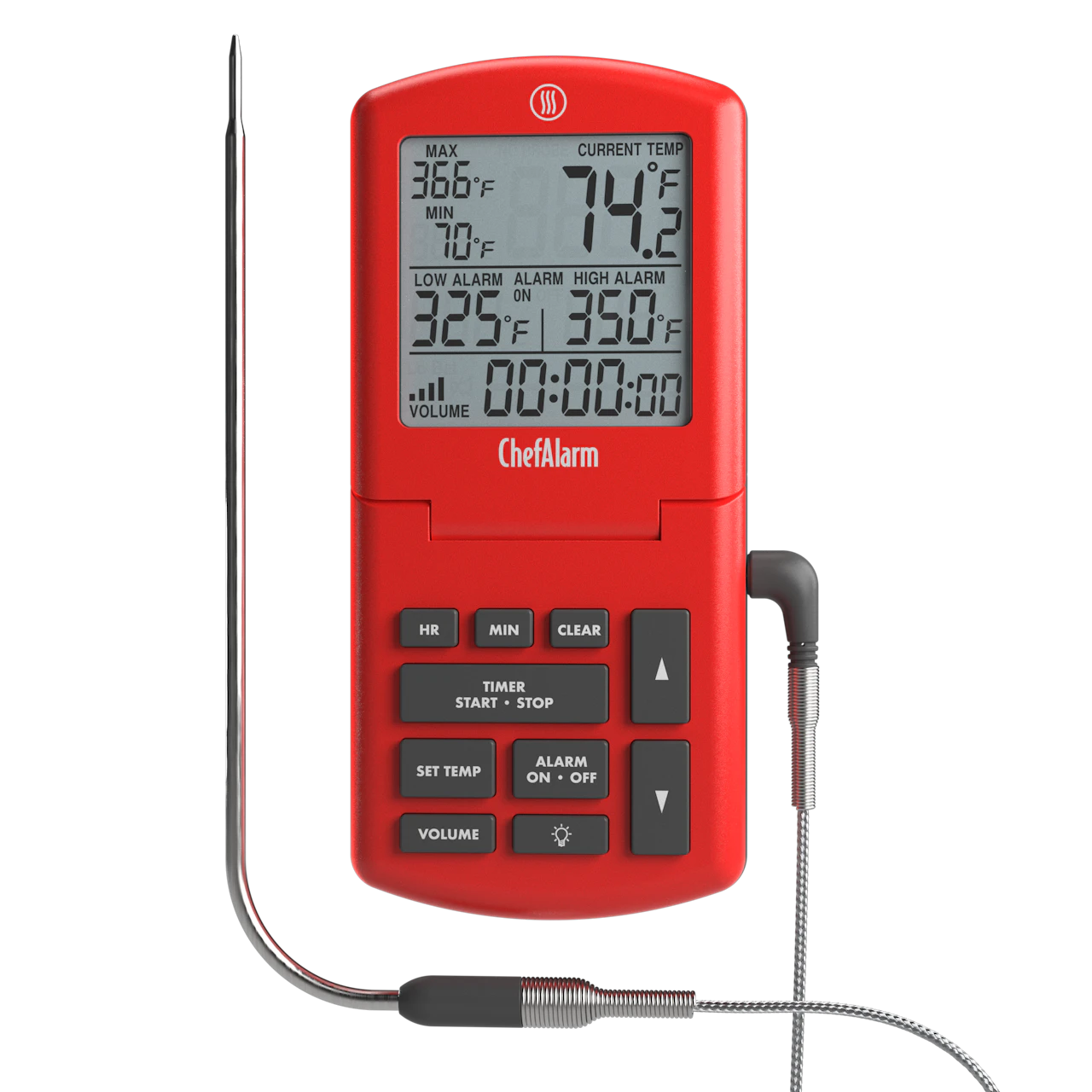 Red ThermoWorks ChefAlarm cooking thermometer and probe.