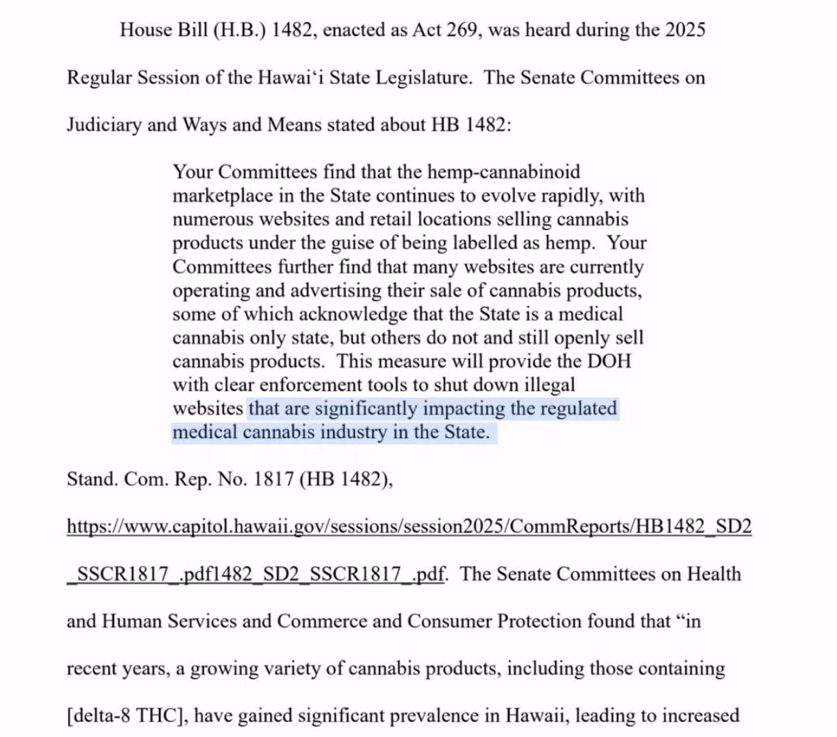 Legislative excerpt discussing hemp products and Hawaiʻi’s regulated medical cannabis industry