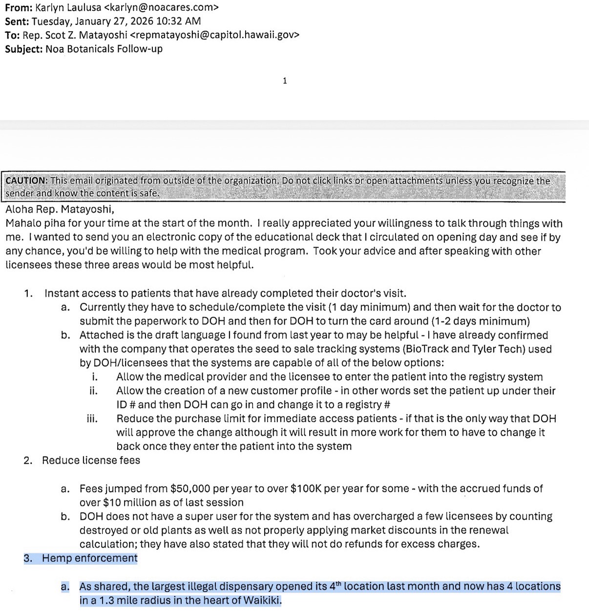 Public-record email discussing hemp enforcement and an unnamed Waikīkī retailer