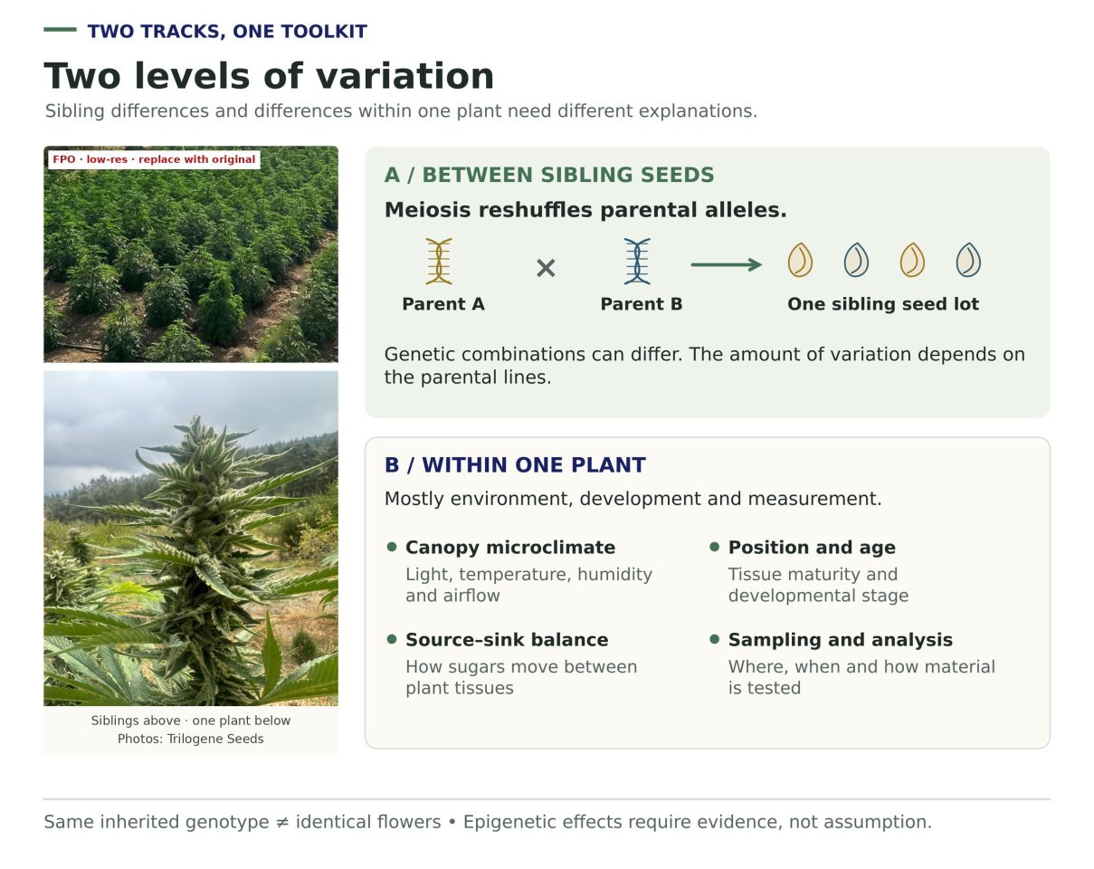 Two photographs: a dense planting of uniform, bushy cannabis plants (the sibling level), and a single tall plant with one dominant cola against a cloudy sky (the within-plant level), beside two panels: between sibling seeds, where meiosis reshuffles parental alleles, and within one plant, where microclimate, position and age, source–sink balance and sampling drive differences.