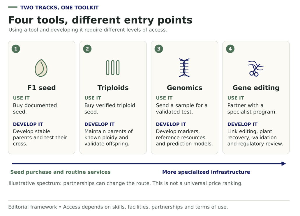 Four numbered cards compare how a grower can use each tool with what it takes to develop it, above an arrow running from seed purchase and routine services to more specialized infrastructure.