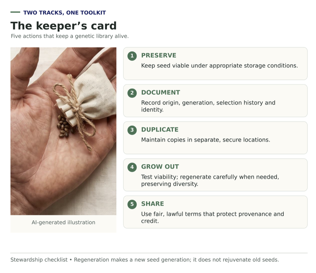An AI-illustrated hand holding cannabis seeds and a cloth pouch beside five numbered stewardship actions: preserve, document, duplicate, grow out, share.