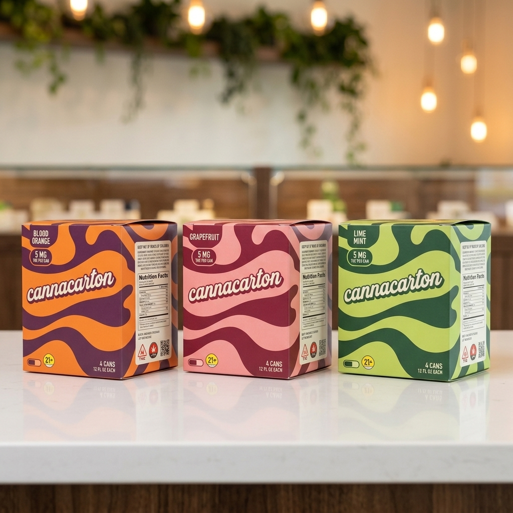 Three CannaCarton beverage cartons with blood orange, grapefruit, and lime mint designs.