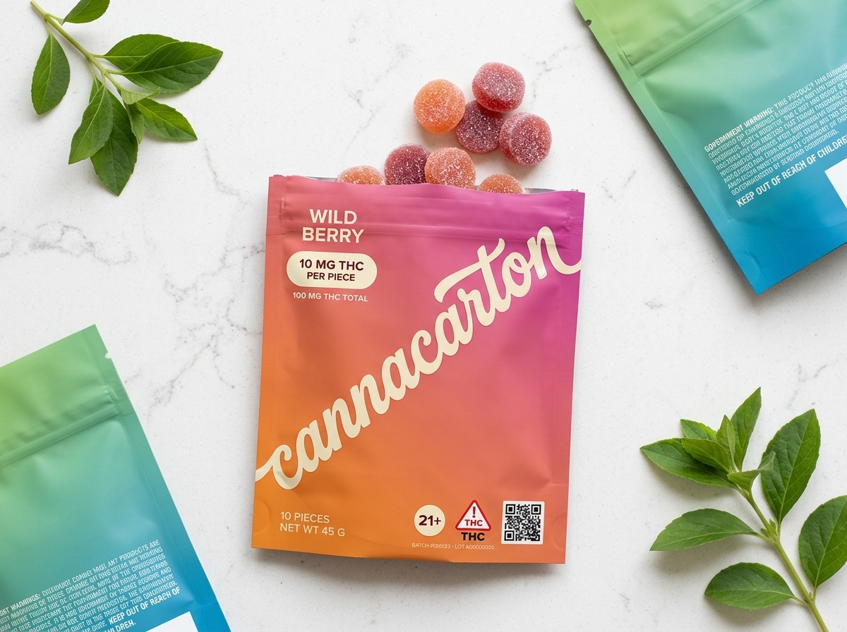 A CannaCarton wild berry edible pouch displayed with gummies.